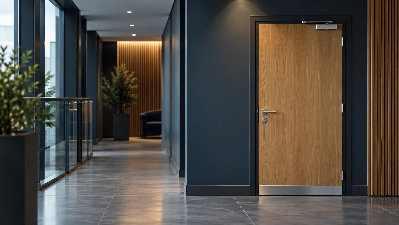 Illustrative communal door in a modern corridor